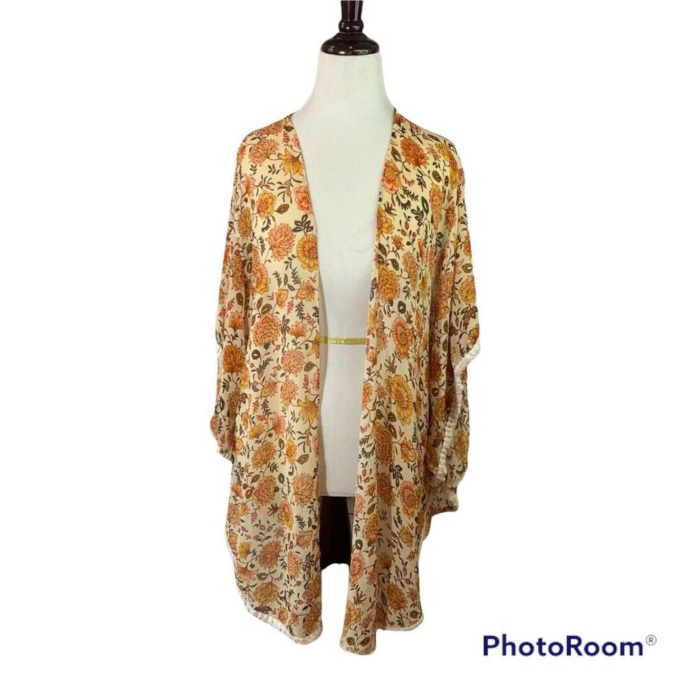 JS BoHo Floral Kimono Cardigan Cover up Beachwear Womens Size Medium